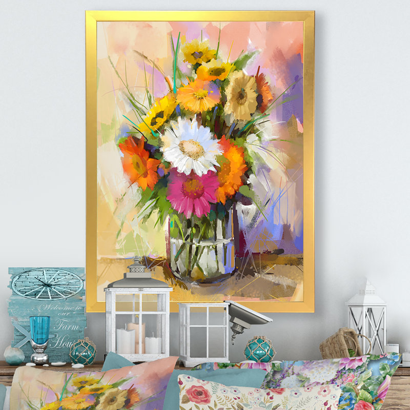 Bouquet de fleurs de gerbera - Peinture, Cadre photo doré, H 36 po x l 24 po x P 1 po
