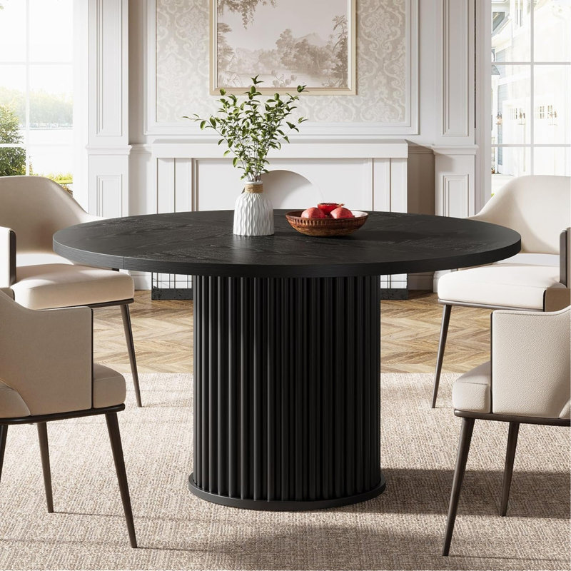 47.24" Modern Fluted Black Round Dining Table With Metal Base For 4-6 People