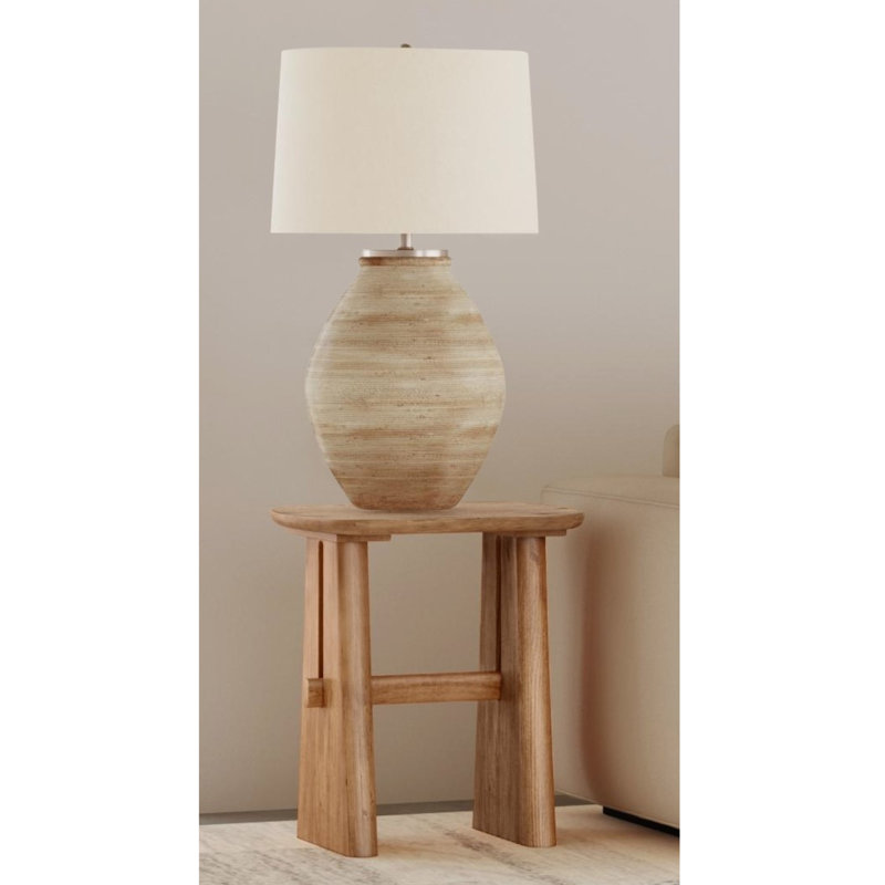 Fraser Boho Table Lamp with Distressed Cream Base & Linen Drum Shade