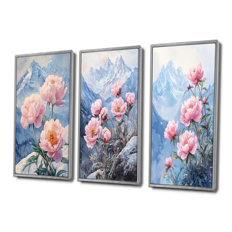 Pivoines par les sommets enneigés I - Collection de reproductions sur toiles florales, H 28 po x l 36 po, Argent argent