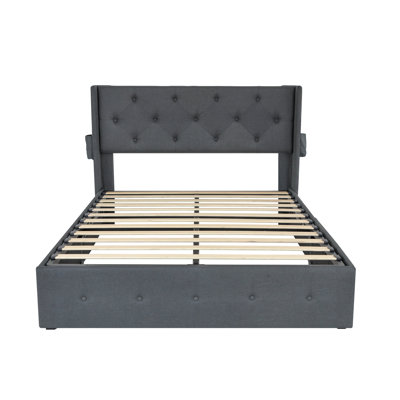 Contemporary Full Size Bed With Storage, Gas Lift Mechanism, Wingback Headboard, Ports, Dark Gray Linen Upholstery, No Box Spring, Foam Filled, 4 Side Pockets Spring