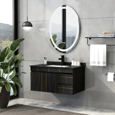 Aventon 35.4" Modern Floating Bathroom Vanity with Black Marble Top, White Ceramic Sink & Gold Handles