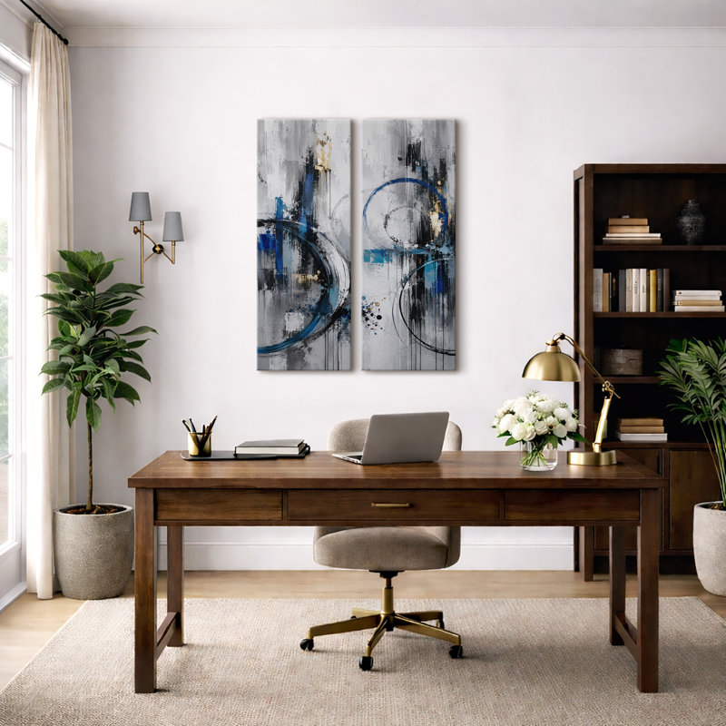 Ensemble de 2 impressions encadrées sur toile, motif circulaire abstrait bleu, noir et or, 81 x 30 x 5 cm (32 x 12 x 2 pouces).
