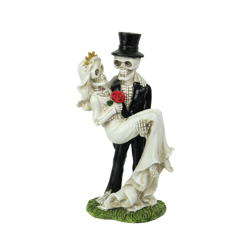 Statue gothique en résine représentant un couple de mariés squelettes, symbole du bonheur éternel, avec une rose rouge, hauteur 21 cm (8,25 pouces).