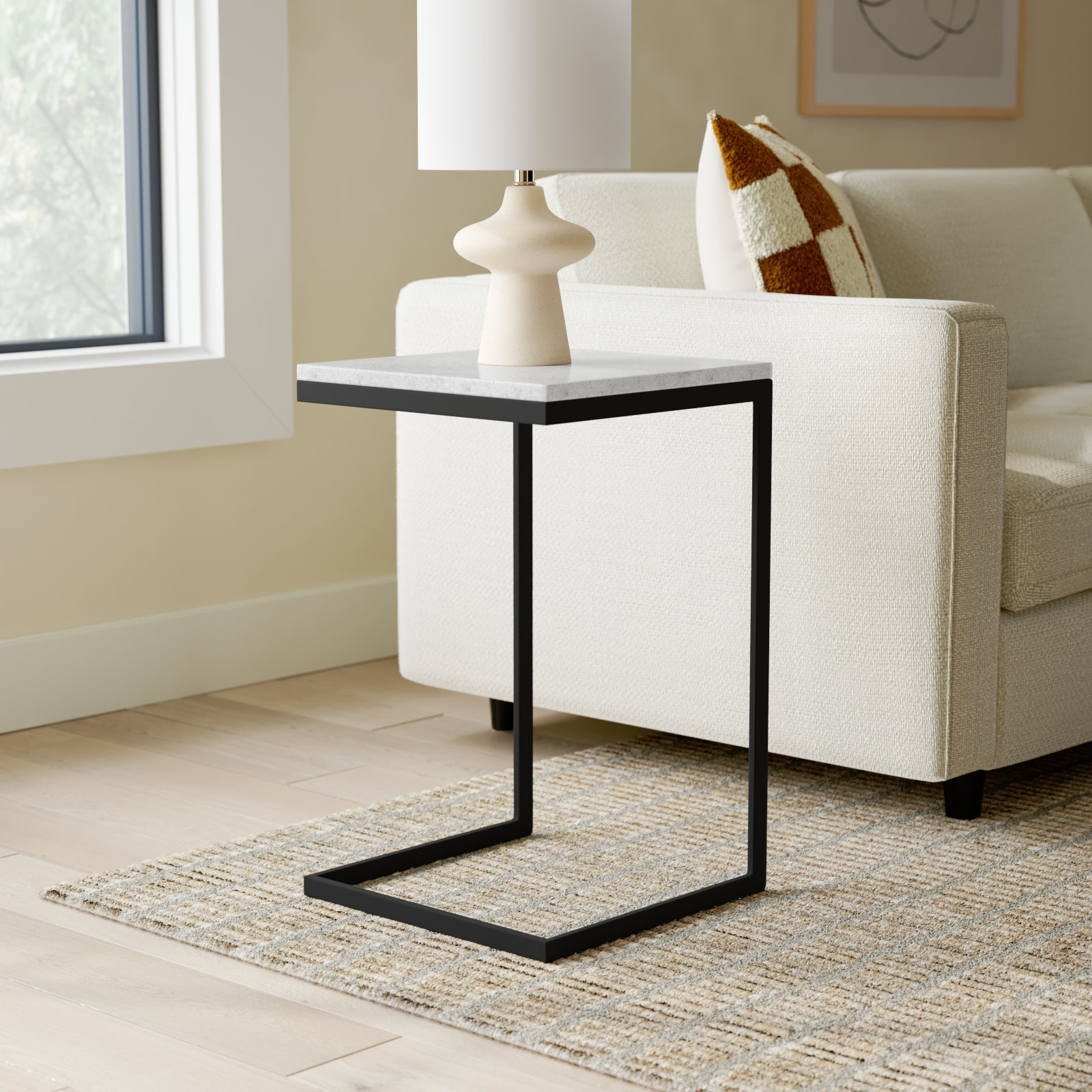 Ollie 16" Genuine Marble End Table, White Top/Black Base