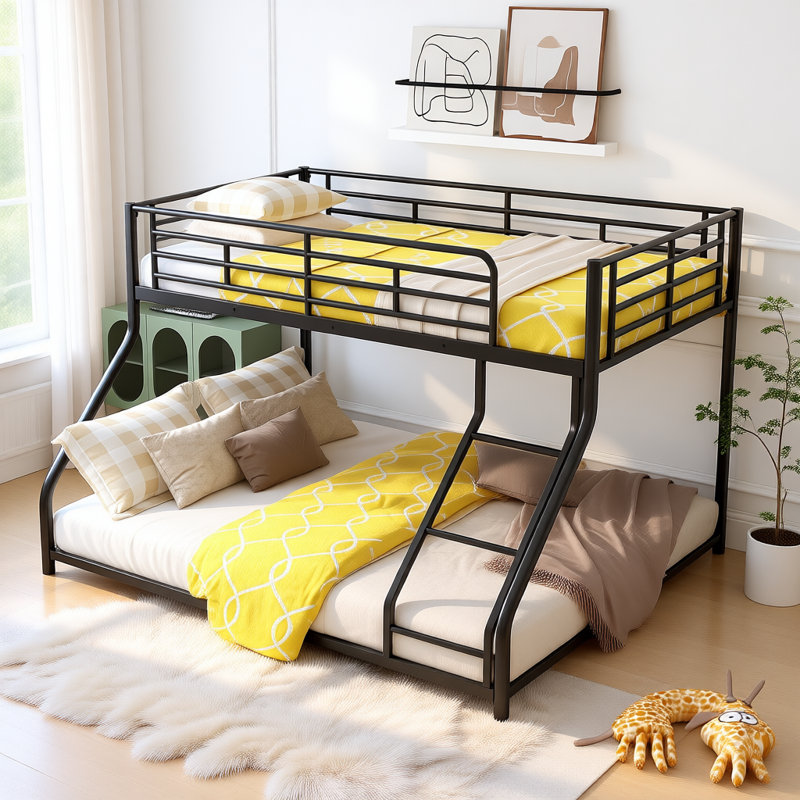 Metal Floor Bunk Bed with Inclined Ladder, Space-Saving Heavy-Duty Frame, Black, Twin XL over Queen