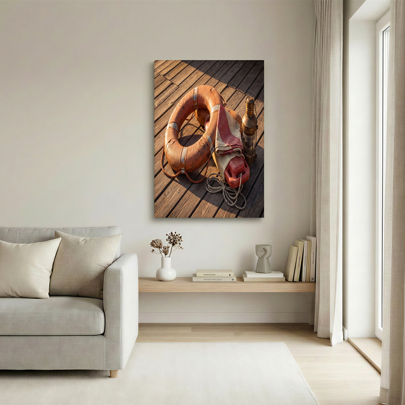 Art mural rétro sur toile en forme de bouée de sauvetage avec lanterne en laiton, 24"H x 36"W