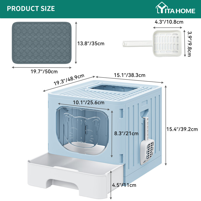 Plastic Enclosed Litter Box with Scoop, Light Blue