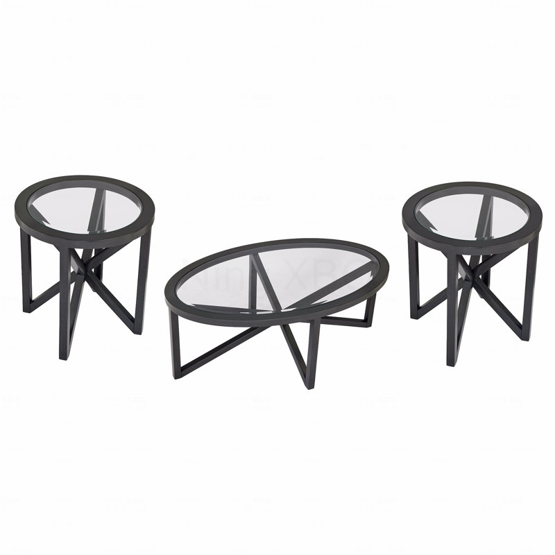 Table basse ronde avec plateau en verre et salon en verre trempé avec base en bois massif, H 18,1 po x L 46 po x l 28,34 po