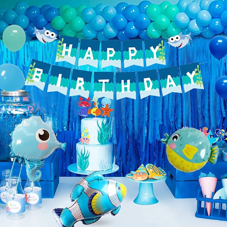 MMTX Sea Theme Birthday Decorations For Kids, 108 Pieces Sea Birthday Decorations With Happy Birthday Banner, Ocean Animals Balloon Birthday Party Dec