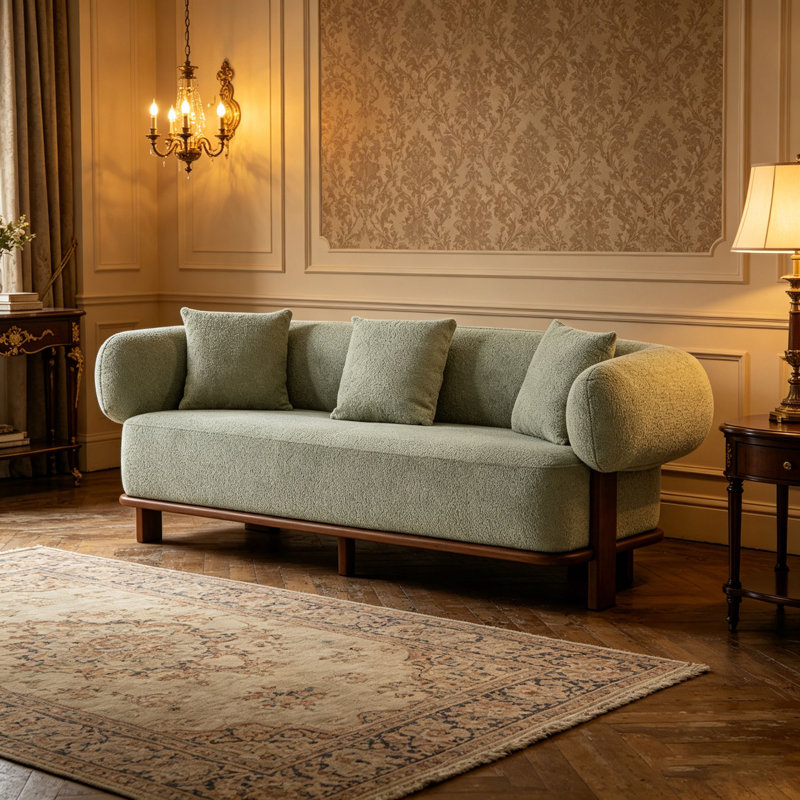 Round Arm Curved Sofa-Light Green, Light Green