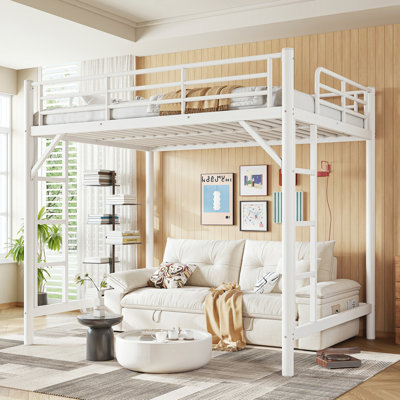 Full Size Metal Loft Bed, Loft Bed with Easy Climbing Ladder and Guardrails , White