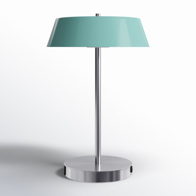 Pretoria 14 po Lampe de table à DEL intégrée en nickel brossé avec abat-jour en métal bleu sarcelle, marche / arrêt tactile et ports de charge USB