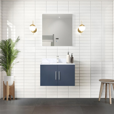 30 po L x P 22 po Meuble-lavabo bleu pour salle de bain avec miroir à DEL