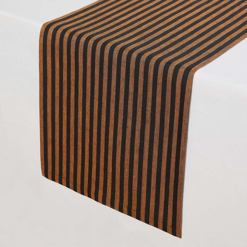 Amalfi Stripe - 100% Pure Linen Table Runner, 90" x 14", Pumpkin/Black