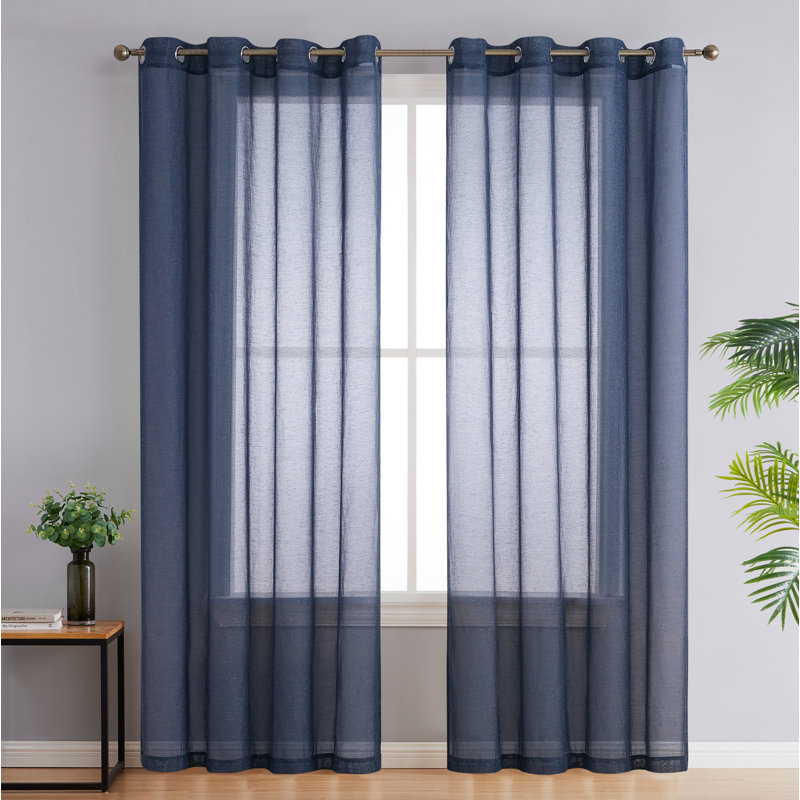 Linen Semi-Sheer Grommet Curtain Panels, 54" W x 84" L, Navy Blue