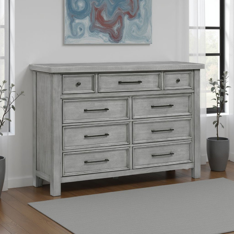 Commode Daisy 62 po, placage de manguier gris, 9 tiroirs, métal bronze