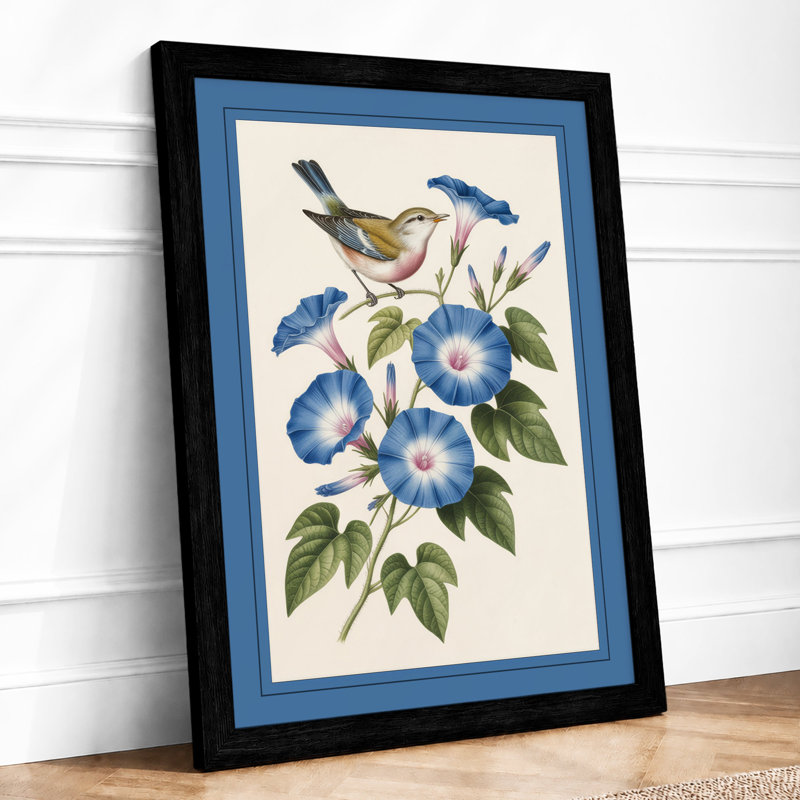 Songbird with Morning Glories Botanical - Framed Print, A3 - 42.0 x 29.7 cm, Black