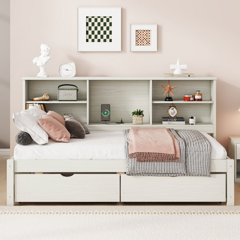 Structure de lit simple blanc crème avec buffet, deux tiroirs et compartiments latéraux pour lit de repos, Blanc crémeux