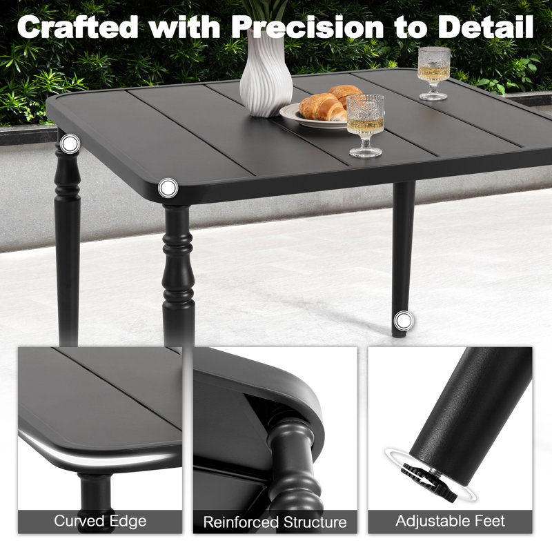 Patio Square Powder-coated Metal Dining Table With Umbrella Hole, Black