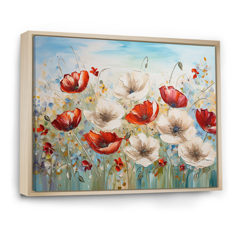 «Red Poppies Blossoming I» sur toile, Cadre naturel flottant, H 30 po x l 40 po x P 1,5 po