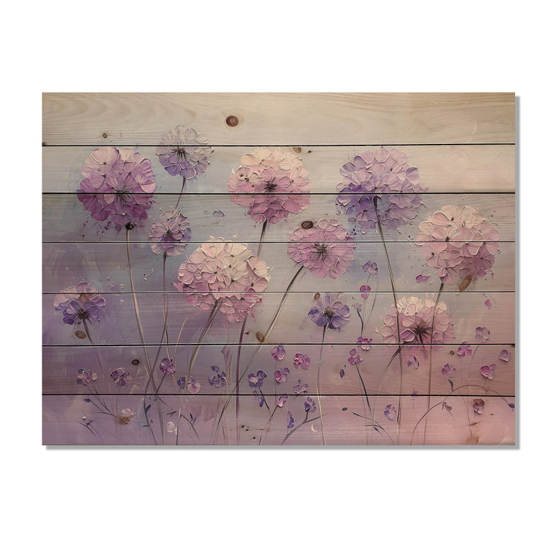Lavand Dandelion Winter Field I - Art mural en bois de pissenlit - sur bois de pin naturel, H 30 po x l 40 po x P 0,78 po