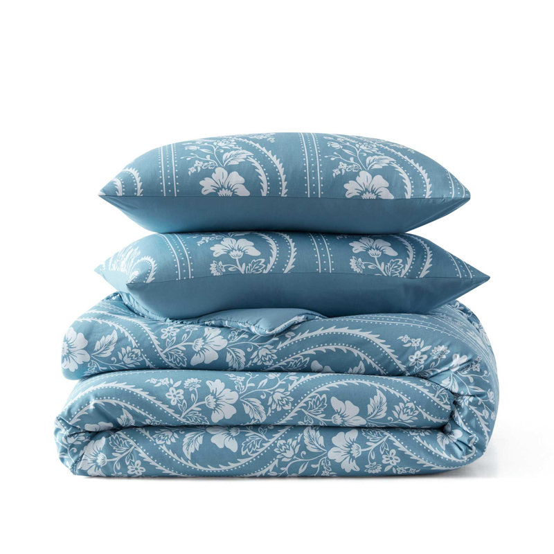 Ensemble d'édredon Martha Stewart Sophia, Édredon pour grand lit + 2 taies décoratives, Motif floral bleu
