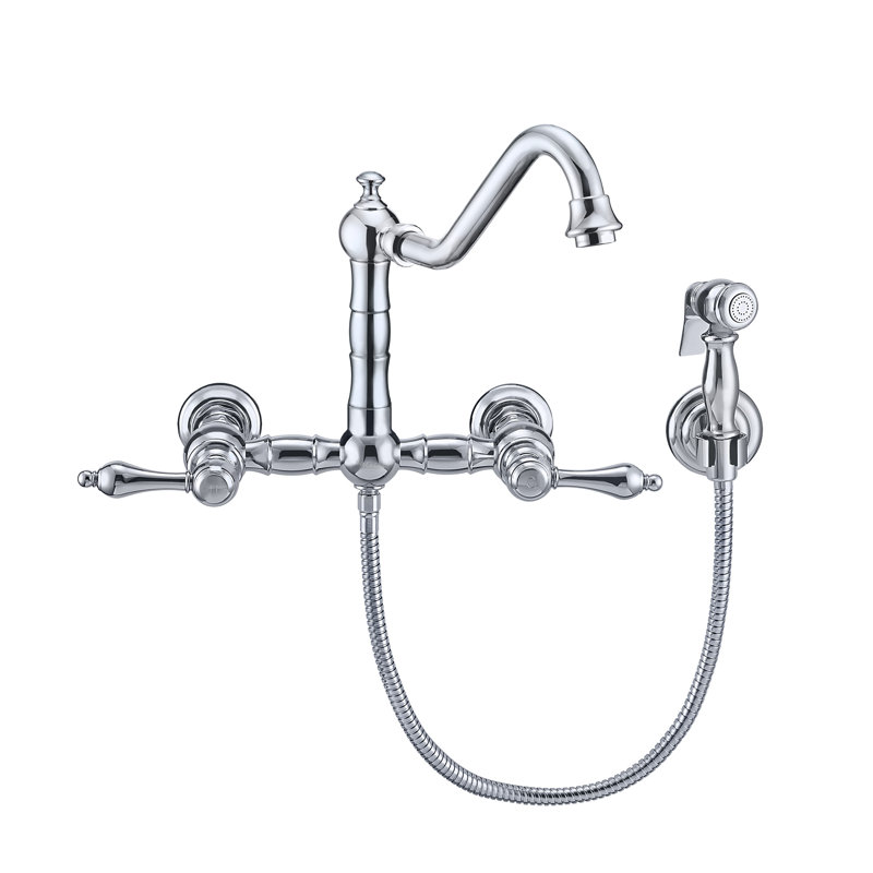Whitehaus Wall Mount Faucet with Long Traditional Swivel Spout and Solid Brass Side Spray, Polished Chrome, Cross