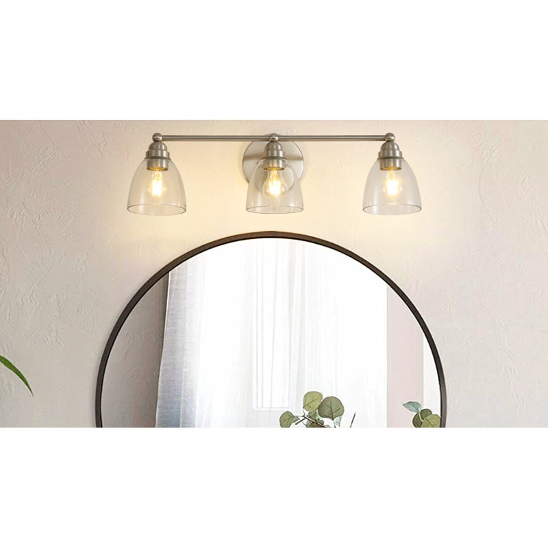 Luminaire de salle de bain moderne à 3 lumières en nickel brossé avec abat-jour en verre transparent, appliques murales E26 au-dessus du miroir pour le couloir de la chambre à coucher du salon (ampoule non incluse)