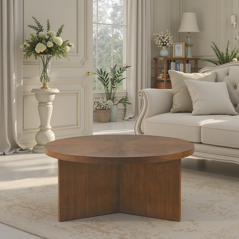 Table basse ronde Starburst - Table en placage de bois brun de 36 po avec une touche Mid-Century