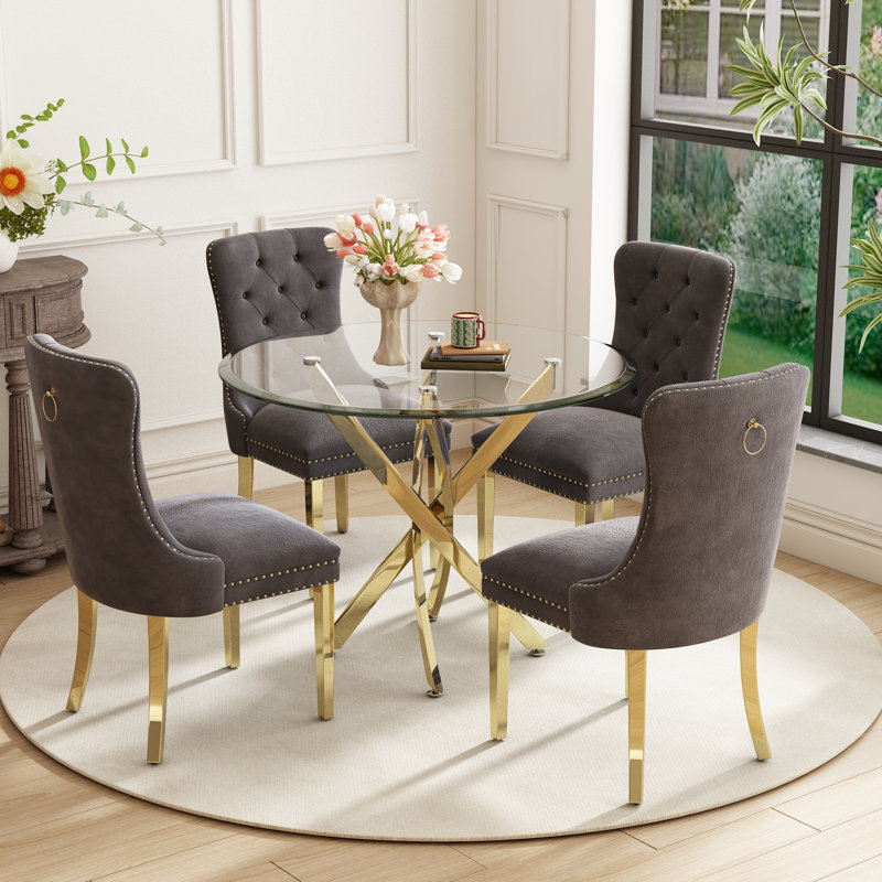 Ensemble repas, 5 pièces: table, 4 chaises, Gris/doré, Doré