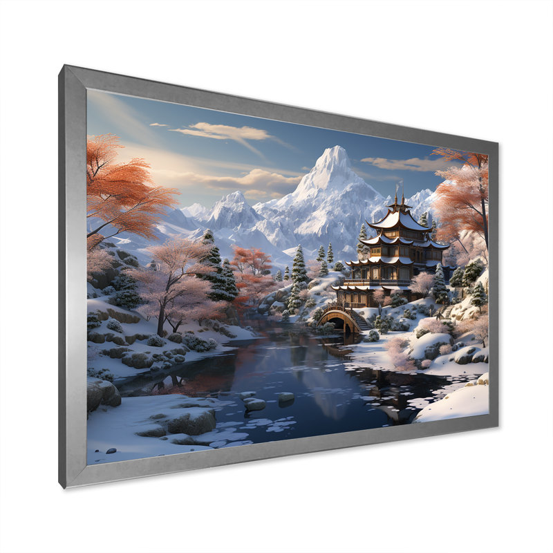 Paysage de montagne du temple bouddhiste de Chine - art mural Chine, Gold Floater Frame, 20" H x 12" W x 1" D