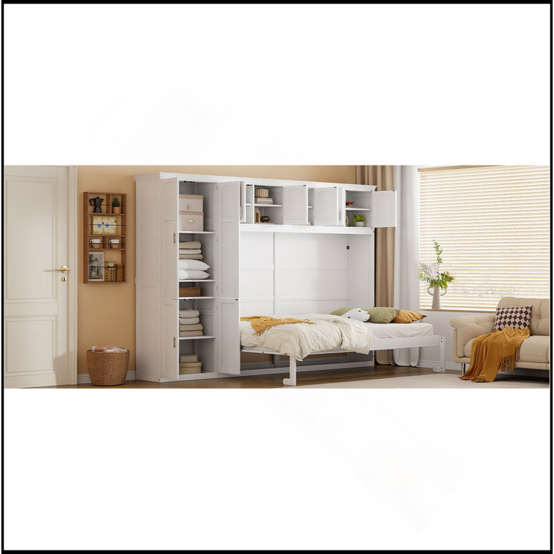 Grand lit escamotable mural avec armoires, Blanc