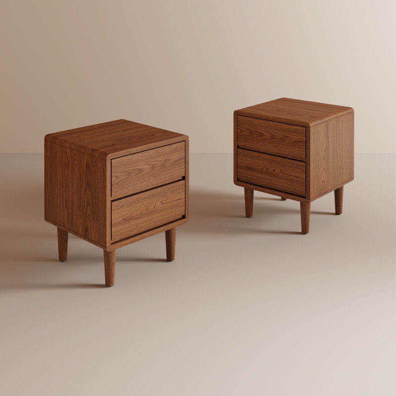 Set of 2 Solid Wood Mid-Century Modern Nightstands with 2 Drawers, Brown