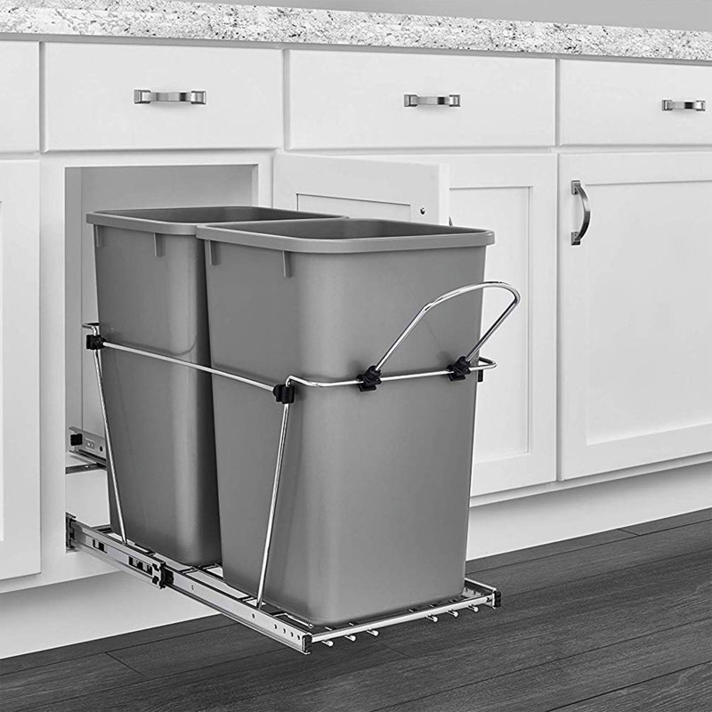 Metallic Silver Double Pull-Out Trash Can for Kitchen Cabinets