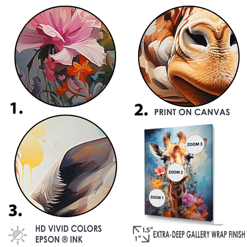 Popart Art, girafe multicolore Grace I sur toile, Cadre flottant noir, H 32 po x l 16 po x P 1 po