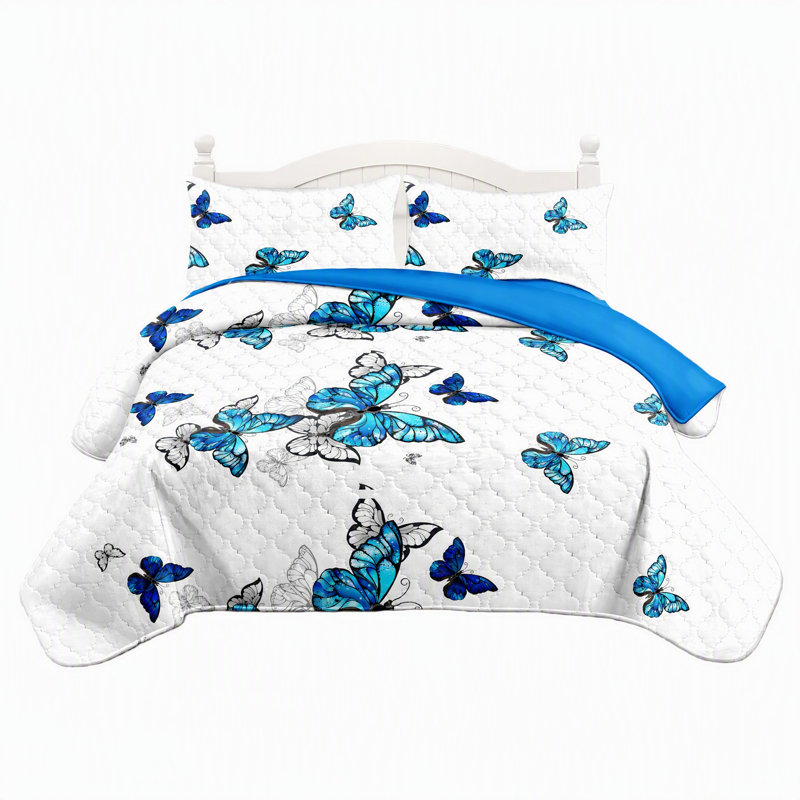 Ensemble de couvre-lit réversible 3 pièces en microfibre bleu royal à motif papillon avec 2 taies d'oreiller, Très grand lit