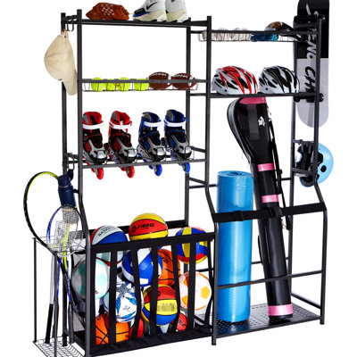Rangement pour équipement de sport dans le garage, support pour 2 sacs de golf, chariot en acier pour l'extérieur, tablettes avec crochets, noir, conception à grande capacité, construction, solution utilisateur, support, conception multifonctionnelle et réglable