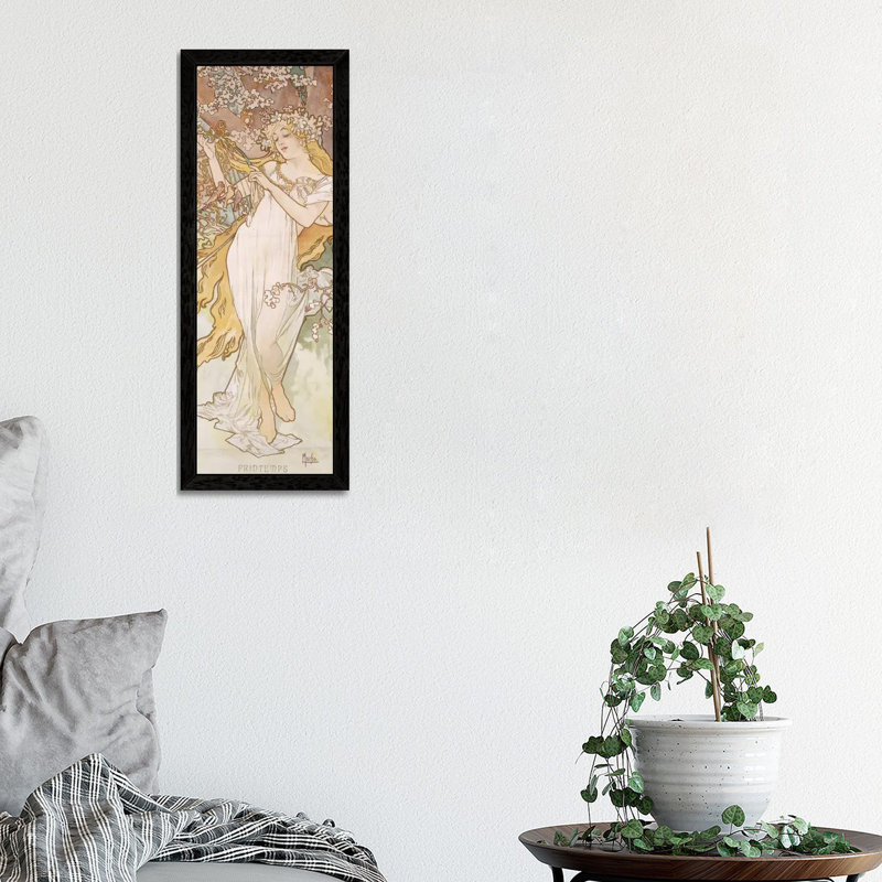 Spring (Printemps), C.1896 by Alphonse Mucha - Floater Frame Panoramic Painting on Canvas, Black Framed