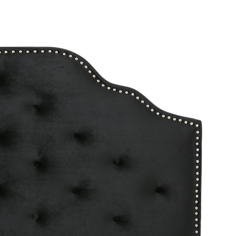 Contemporary Queen & Full Sized Headboard - Black Velvet With Button Diamond Stitch And Appealing Nailhead Border, Assembly Needed Modern Gorgeous Details, Required