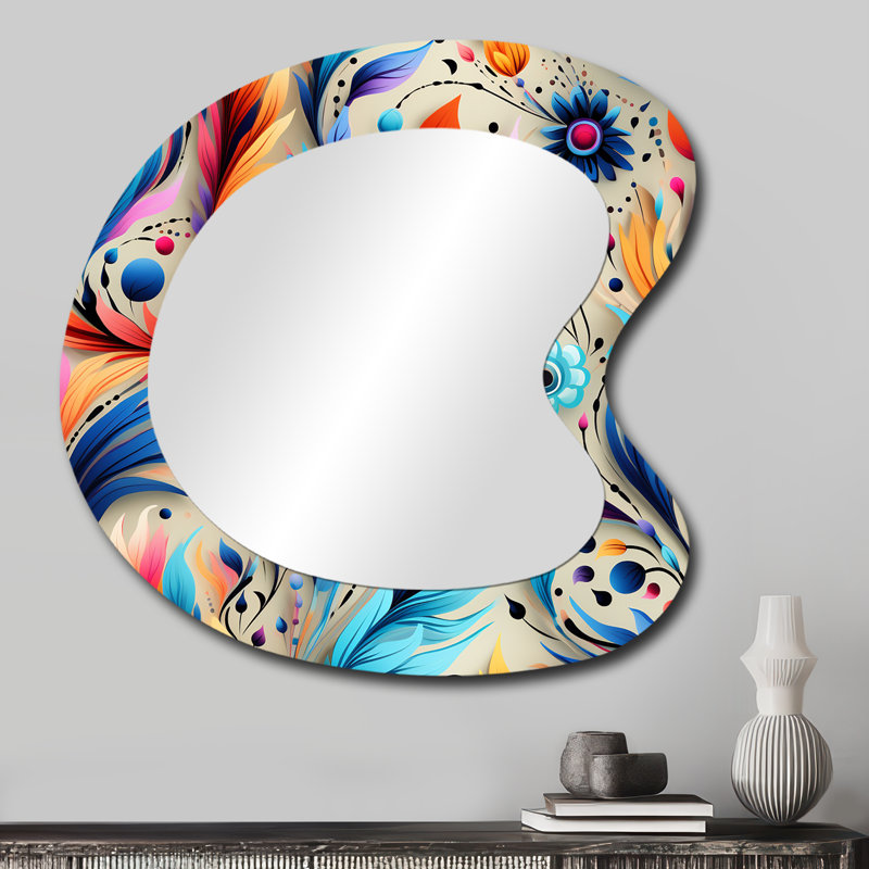 Fishburn Eclectic Nomad Boho Pattern - Paisley Irregular Shape Large Mirror, Glam Asymmetrical Decorative Wall Mirror, Printed Metal Art