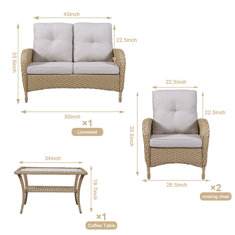 Ensemble de conversation avec canapé en rotin et coussins 4 pièces Aluel, Naturel / Beige