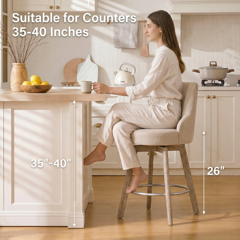 Counter Height Bar Stools,Swivel Bar Stools with Backs,Barstools Set of 3,26'' Solid Wood Legs,Thick Seat Upholstered Linen Fabric Counter Height Stools in Sand
