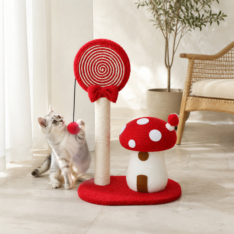 Centre d'activités à griffer pour chat avec sucette et champignon, Rouge