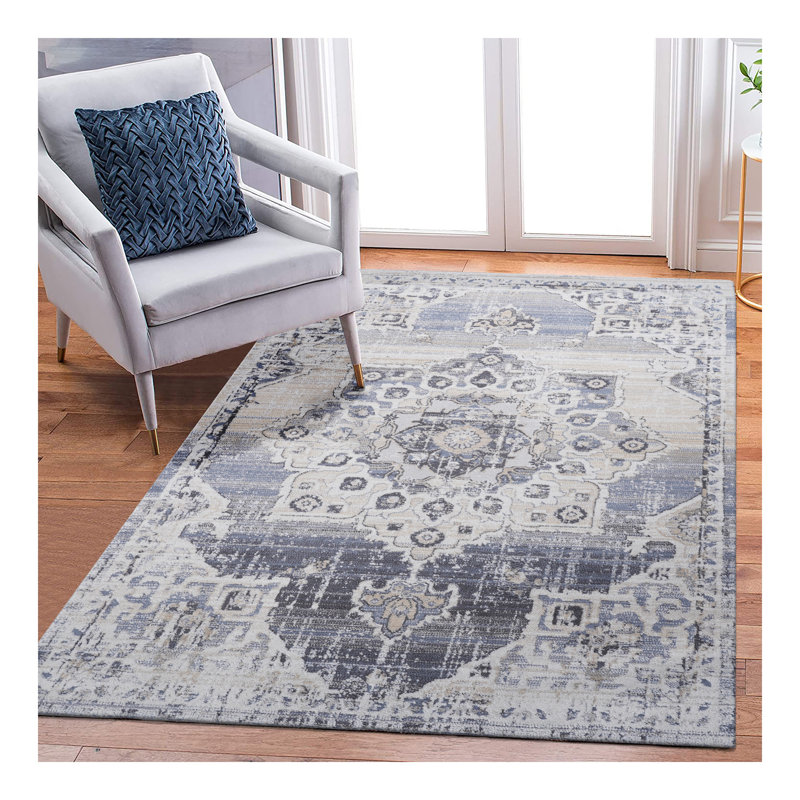 Tapis crème / bleu / médaillon Collection, Rectangle 6 pi 7 po x 7 pi 9 po