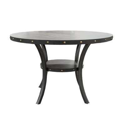 Round Dining Table With Under-table Shelf And Nail Head Trim, 48 Inch, For Small Spaces