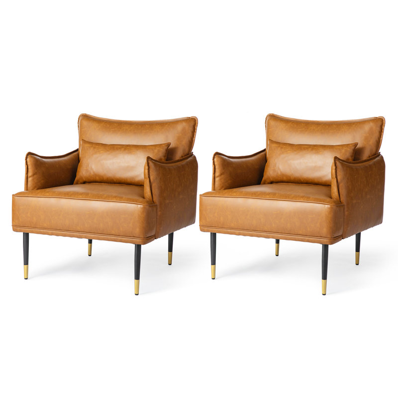 Mid-Century Modern Black Leatherette Armchair With Gold Trimmed Metal Legs And Side Pocket, Camel Faux Leather