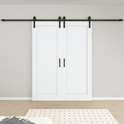 2 portes | Panneau de bois manufacturé massif H 84 po x l 60 po, porte de grange coulissante apprêtée blanche avec trousse de quincaillerie d'installation (aucun assemblage requis et fermeture en douceur incluse)