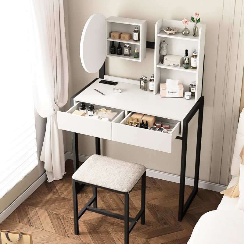 Vanity Desk For Small Spaces With Led Mirror Of 3 Lighting Modes, Power Outlet, Drawer, Open Shelf And Comfortable Stool In White Black Shelves Cushioned Bedroom