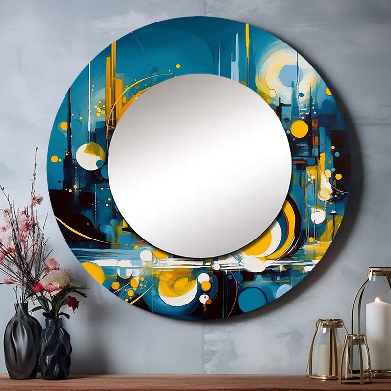Shavera bleu et jaune pierre fluide II - grand miroir en marbre, décor de miroir mural rond unique moderne, art imprimé en métal